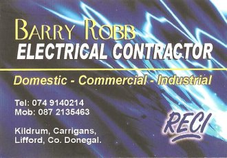 Barry Robb,s Buisness Card - Liam Robb Tillage Contractor, Barry Robb Electrical Contractor, LBA Construction, A Robb Gardening, Aidan Robb